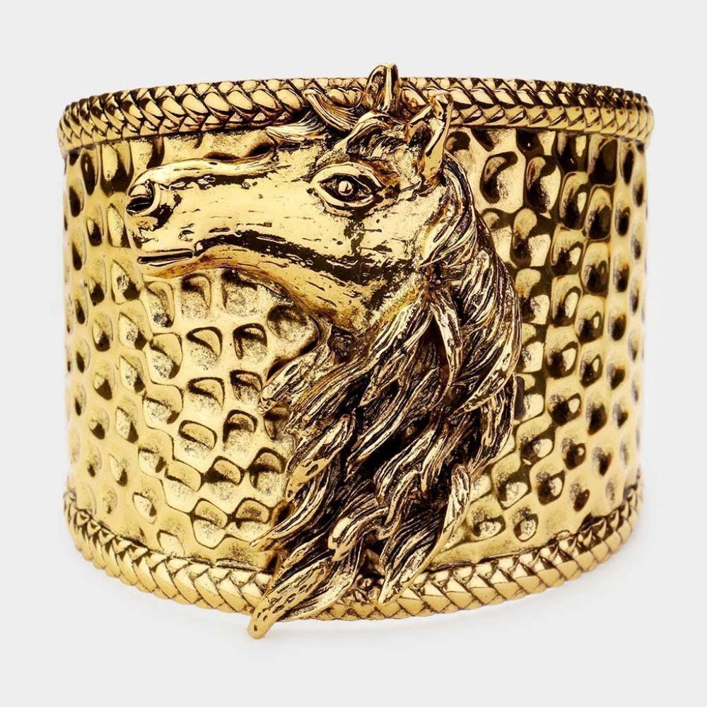 Horse Face Accented Gold Metal Cuff Bracelet